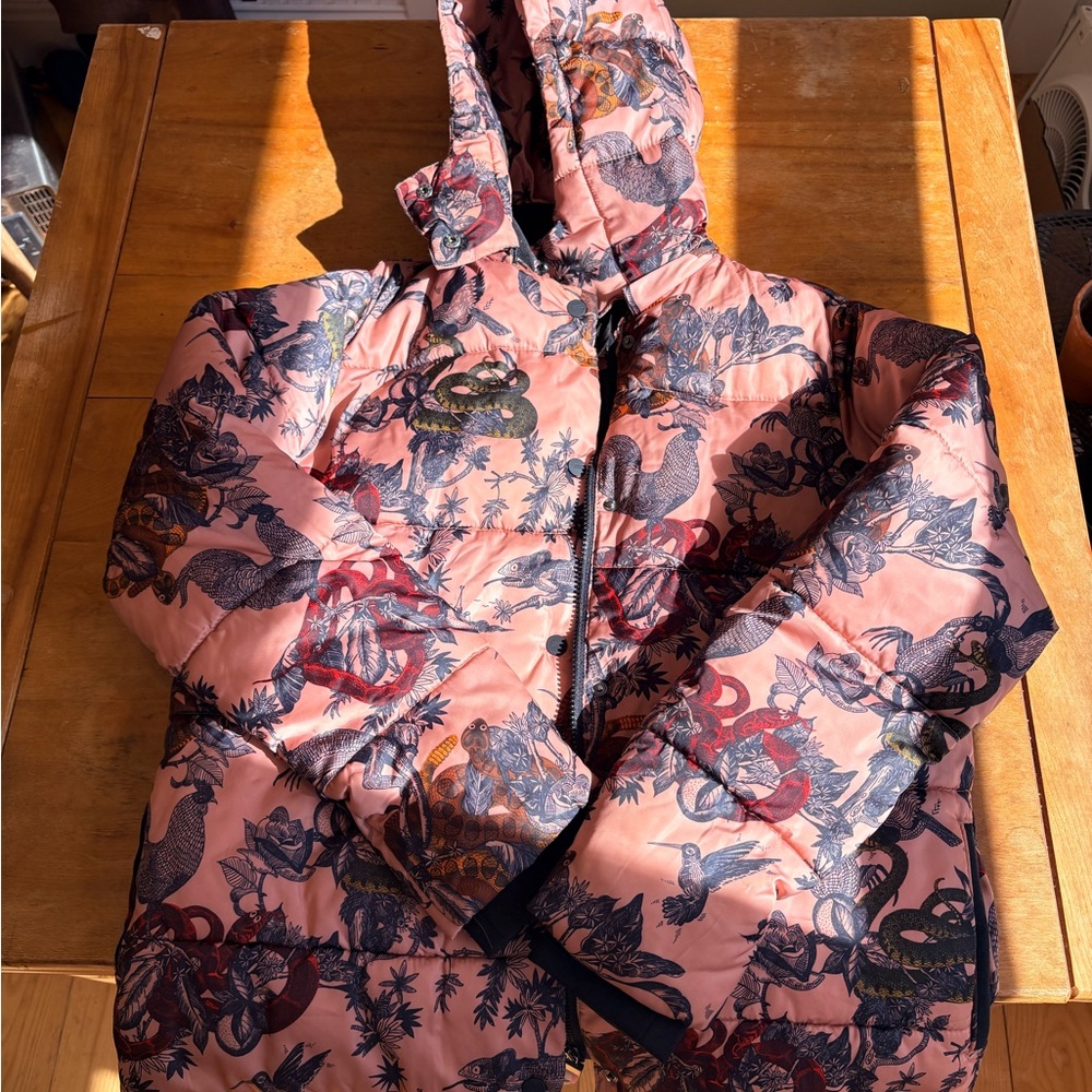 Scotch & Soda Pink Hooded Puffer Jacket with Wildlife Print